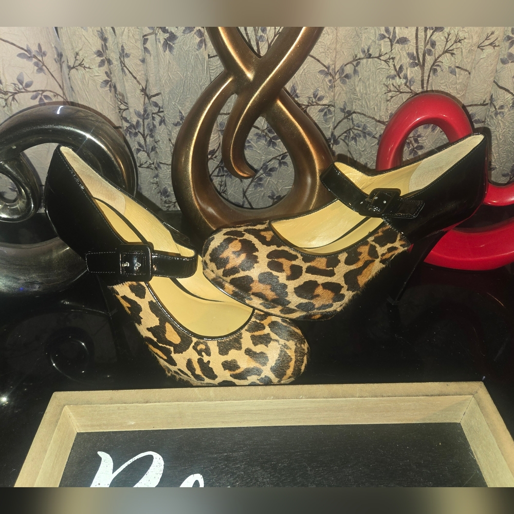 NINE WEST Leopard PRINT Calf HAIR Fur PATENT Leather BUCKLE Strap PLATFORM Heels